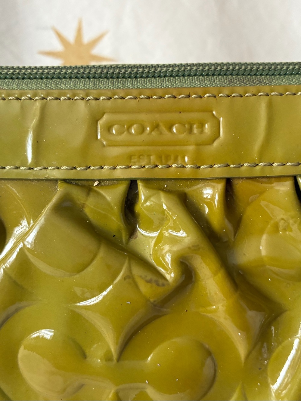 Coach Embossed Logo Patent Leather Wristlet Olive Green - Picture 3 of 14